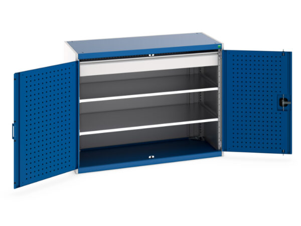 Industrial Storage Cupboard Storages - Cubio Cupboard Storage with Perfo Doors, 2 Shelves, 1 Drawer. WxDxH: 1300X650X1000mm Ral 7035/5010 _SKU-40022083.11V