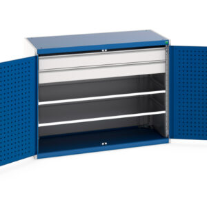 Workshop Steel Cupboard Storages - Cubio Cupboard Storage with Perfo Doors, 2 Shelves, 2 Drawers. WxDxH: 1300X650X1000mm Ral 7035/5010 _SKU-40022084.11V