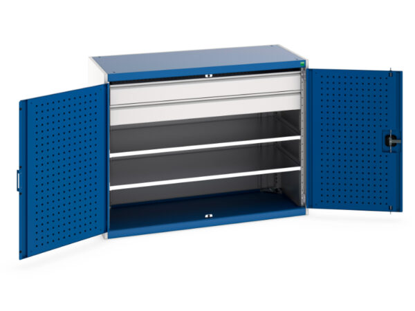 Workshop Steel Cupboard Storages - Cubio Cupboard Storage with Perfo Doors, 2 Shelves, 2 Drawers. WxDxH: 1300X650X1000mm Ral 7035/5010 _SKU-40022084.11V