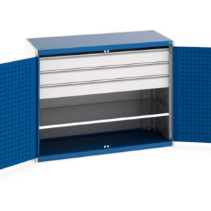 Workshop Storage Cupboard Storages - Cubio Cupboard Storage with Perfo Doors, 1 Shelf, 3 Drawers. WxDxH: 1300X650X1000mm Ral 7035/5010 _SKU-40022085.11V