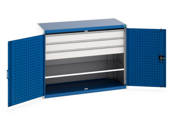 Workshop Storage Cupboard Storages - Cubio Cupboard Storage with Perfo Doors, 1 Shelf, 3 Drawers. WxDxH: 1300X650X1000mm Ral 7035/5010 _SKU-40022085.11V