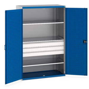 Industrial Steel Drawer Cupboard Storage - Cubio Cupboard Storage with Perfo Doors, 3 Shelves, 3 Drawers. WxDxH: 1300X650X2000mm Ral 7035/5010 _SKU-40022087.11V