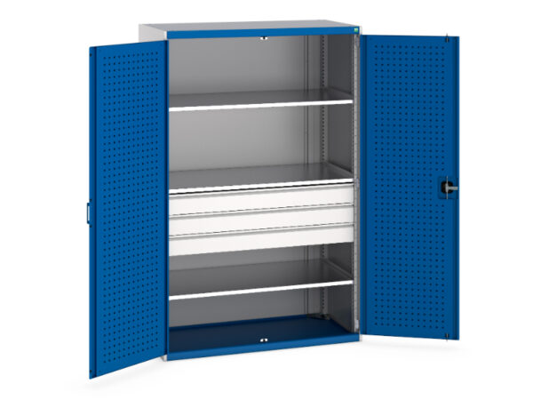 Industrial Steel Drawer Cupboard Storage - Cubio Cupboard Storage with Perfo Doors, 3 Shelves, 3 Drawers. WxDxH: 1300X650X2000mm Ral 7035/5010 _SKU-40022087.11V