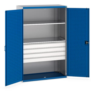 Workshop Cupboard Storages And Drawers - Cubio Cupboard Storage with Perfo Doors, 2 Shelves, 4 Drawers. WxDxH: 1300X650X2000mm Ral 7035/5010 _SKU-40022088.11V