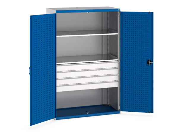 Workshop Cupboard Storages And Drawers - Cubio Cupboard Storage with Perfo Doors, 2 Shelves, 4 Drawers. WxDxH: 1300X650X2000mm Ral 7035/5010 _SKU-40022088.11V