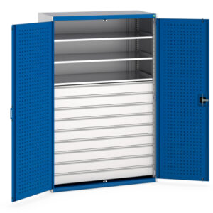 Workshop Drawer Cupboard Storages - Cubio Cupboard Storage with Perfo Doors, 3 Shelves, 9 Drawers. WxDxH: 1300X650X2000mm Ral 7035/5010 _SKU-40022089.11V