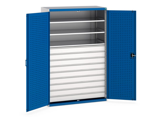 Workshop Drawer Cupboard Storages - Cubio Cupboard Storage with Perfo Doors, 3 Shelves, 9 Drawers. WxDxH: 1300X650X2000mm Ral 7035/5010 _SKU-40022089.11V
