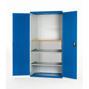 Workshop Storage Cabinet - Cubio Cupboard Storage Perfo Doors Mini Workshop, 2 Shelves. WxDxH: 1300X650X2000mm Ral 7035/5010 _SKU-40022090.11V