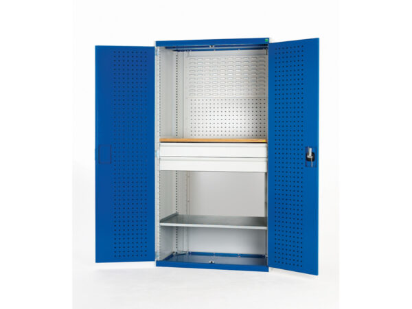 Cubio Workshop - Cupboard Storage Perfo Doors Mini Workshop 1 Shelf 2 Drws. WxDxH: 1300X650X2000mm Ral 7035/5010 _SKU-40022091.11V