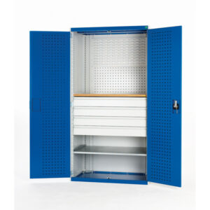 Bott Workshop Storage Cabinets - Cubio Cupboard Storage Perfo Doors Mini Workshop 1 Shelf 4 Drws. WxDxH: 1300X650X2000mm Ral 7035/5010 _SKU-40022092.11V