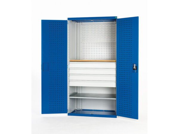 Bott Workshop Storage Cabinets - Cubio Cupboard Storage Perfo Doors Mini Workshop 1 Shelf 4 Drws. WxDxH: 1300X650X2000mm Ral 7035/5010 _SKU-40022092.11V