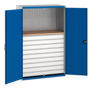 Bott Cupboard Storage Workshop - Cubio Perfo Doors, 9 Drawers. WxDxH: 1300X650X2000mm Ral 7035/5010 _SKU-40022093.11V