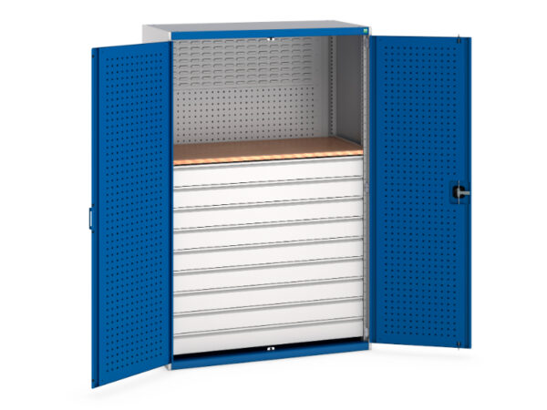 Bott Cupboard Storage Workshop - Cubio Perfo Doors, 9 Drawers. WxDxH: 1300X650X2000mm Ral 7035/5010 _SKU-40022093.11V