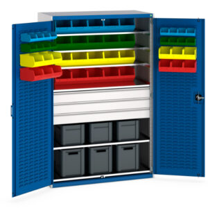 Bott Louvre Parts Bin Cupboard Storage - 6 Shelves 48 Bins 6 Eurobox. WxDxH: 1300X650X2000mm Ral 7035/5010 _SKU-40022096.11V