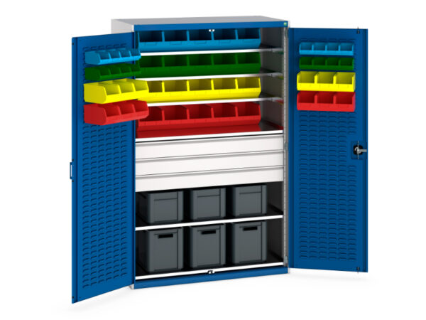 Bott Louvre Parts Bin Cupboard Storage - 6 Shelves 48 Bins 6 Eurobox. WxDxH: 1300X650X2000mm Ral 7035/5010 _SKU-40022096.11V