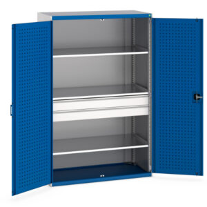 Workshop Cupboard Storages - Cubio Cupboard Storage with Perfo Doors, 3 Shelves, 2 Drawers. WxDxH: 1300X650X2000mm Ral 7035/5010 _SKU-40022139.11V