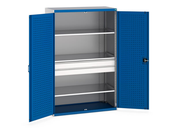 Workshop Cupboard Storages - Cubio Cupboard Storage with Perfo Doors, 3 Shelves, 2 Drawers. WxDxH: 1300X650X2000mm Ral 7035/5010 _SKU-40022139.11V