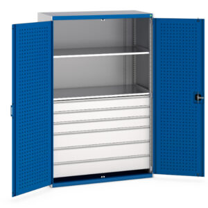 Perfo Door Cupboard Storage - 2 Shelves, 6 Drawers. WxDxH: 1300X650X2000mm Ral 7035/5010 _SKU-40022141.11V