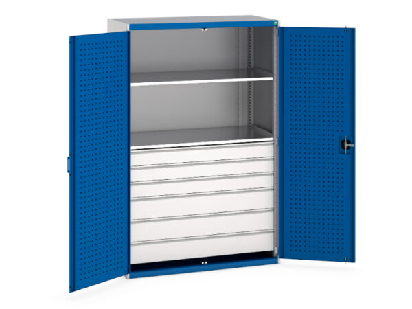 Perfo Door Cupboard Storage - 2 Shelves, 6 Drawers. WxDxH: 1300X650X2000mm Ral 7035/5010 _SKU-40022141.11V