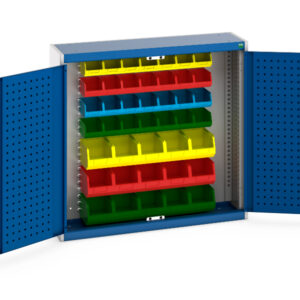Storage Cabinet with Storage Parts Bins - Cubio Cupboard Storage with Louvre Backpanel And 45 Piece Bin Kit. WxDxH: 1050X325X1000mm Ral 7035/5010 _SKU-40031065.11V