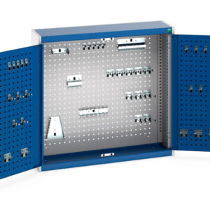 Workshop Cupboard Storage with Pegboard Hooks - Cubio Cupboard Storage with Perfo Backpanel And 40 Piece Hook Kit. WxDxH: 1050X325X1000mm Ral 7035/5010 _SKU-40031067.11V