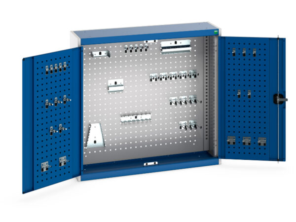 Workshop Cupboard Storage with Pegboard Hooks - Cubio Cupboard Storage with Perfo Backpanel And 40 Piece Hook Kit. WxDxH: 1050X325X1000mm Ral 7035/5010 _SKU-40031067.11V