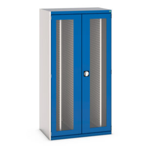 Workshop Cupboard Storage with Tool Peg Boards - Cubio Cupboard Storage Window Doors, 4X Sliding Louvre Panels. WxDxH: 1050X650X2000mm Ral 7035/5010 _SKU-40301036.11V