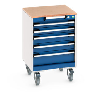 Heavy Duty Mobile Metal Drawer Storage Cabinet - Cubio Mobile Storage Cabinet with 5 Drawers And Multiplex Worktop. WxDxH: 525X525X790mm Ral 7035/5010 _SKU-40402135.11V