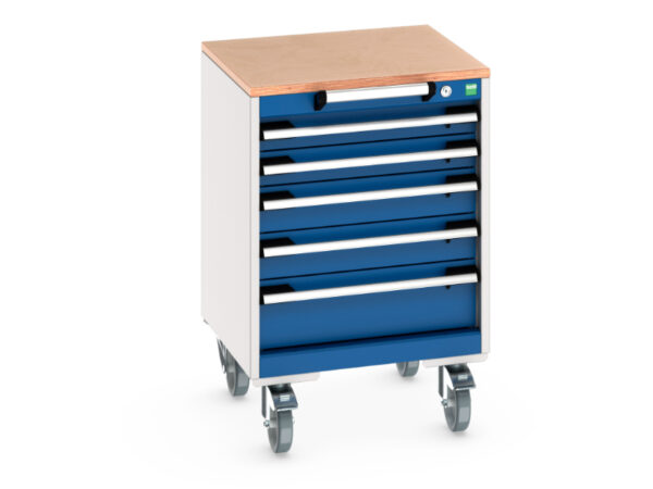 Heavy Duty Mobile Metal Drawer Storage Cabinet - Cubio Mobile Storage Cabinet with 5 Drawers And Multiplex Worktop. WxDxH: 525X525X790mm Ral 7035/5010 _SKU-40402135.11V