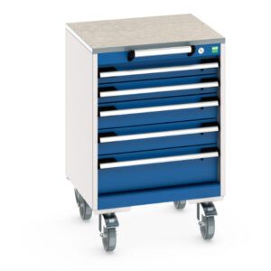 Mobile Drawer Tool Storage Cabinet - Cubio Mobile Storage Cabinet with 5 Drawers And Lino Worktop. WxDxH: 525X525X790mm Ral 7035/5010 _SKU-40402136.11V