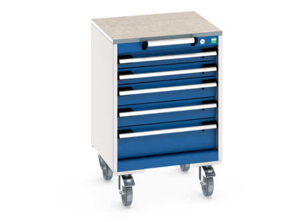Mobile Drawer Tool Storage Cabinet - Cubio Mobile Storage Cabinet with 5 Drawers And Lino Worktop. WxDxH: 525X525X790mm Ral 7035/5010 _SKU-40402136.11V