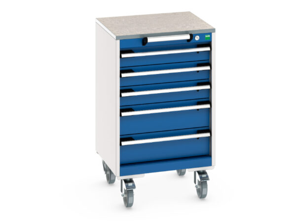 Mobile Drawer Workbench Drawer Storage Cabinet - Cubio Mobile Storage Cabinet with 5 Drawers And Lino Worktop. WxDxH: 525X525X890mm Ral 7035/5010 _SKU-40402138.11V