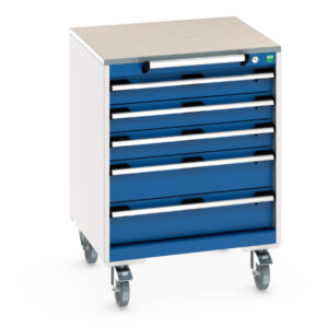 Tool Trolley On Wheels - Cubio Mobile Storage Cabinet with 5 Drawers And Lino Worktop. WxDxH: 650X650X790mm Ral 7035/5010 _SKU-40402148.11V
