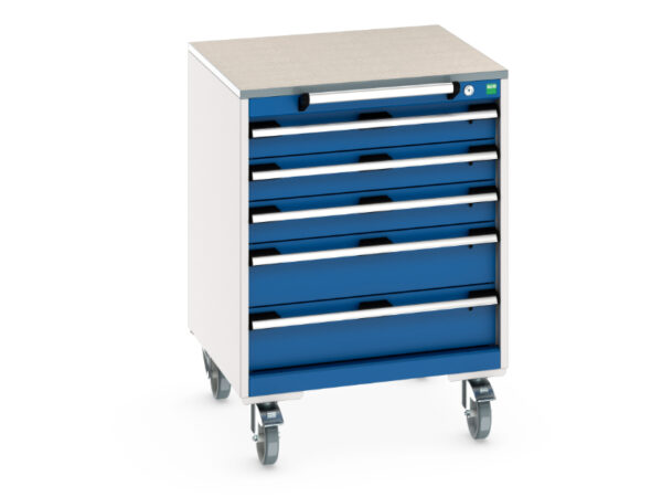Tool Trolley On Wheels - Cubio Mobile Storage Cabinet with 5 Drawers And Lino Worktop. WxDxH: 650X650X790mm Ral 7035/5010 _SKU-40402148.11V