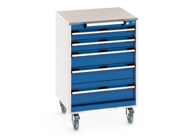 Heavy Duty Toolbox On Wheels - Cubio Mobile Storage Cabinet with 5 Drawers And Lino Worktop. WxDxH: 650X650X990mm Ral 7035/5010 _SKU-40402150.11V
