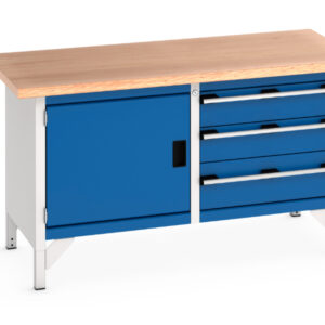 Metal Workbench with Cupboard Storage - Cubio Storage Bench (Mpx) Full Cupboard Storage / 3 Drawer. WxDxH: 1500X750X840mm Ral 7035/5010 _SKU-41002025.11V