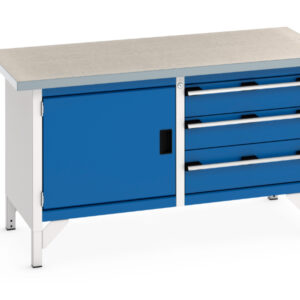 Steel Workbench with Cupboard Storage - Cubio Storage Bench (Lino) Full Cupboard Storage / 3 Drawer. WxDxH: 1500X750X840mm Ral 7035/5010 _SKU-41002027.11V