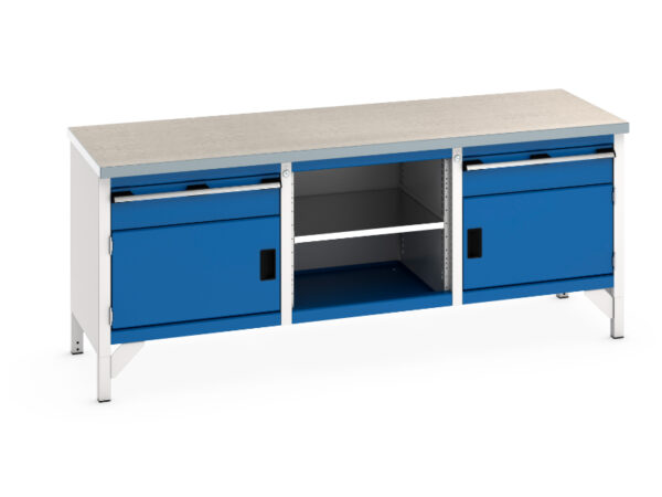 2M Heavy Duty Workbench with Storage - Cubio Storage Bench (Lino) 1 Drwr-Door / Mid Shelf / 1 Drwr-Door. WxDxH: 2000X750X840mm Ral 7035/5010 _SKU-41002054.11V
