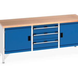 2M Metal Workbench - Cubio Storage Bench (Mpx) Full Cupboard Storage / 3 Drw / Full Cupboard Storage. WxDxH: 2000X750X840mm Ral 7035/5010 _SKU-41002055.11V