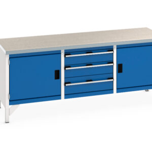 Workbench with Cupboard Storage And Drawers - Cubio Storage Bench (Lino) Full Cupboard Storage / 3 Drw / Full Cupboard Storage. WxDxH: 2000X750X840mm Ral 7035/5010 _SKU-41002057.11V