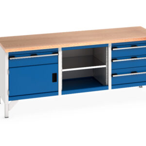 2M Metal Workbench with Drawers - Cubio Storage Bench (Mpx) 1 Drawer-Door / Mid Shelf / 3 Drawers. WxDxH: 2000X750X840mm Ral 7035/5010 _SKU-41002058.11V
