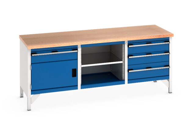 2M Metal Workbench with Drawers - Cubio Storage Bench (Mpx) 1 Drawer-Door / Mid Shelf / 3 Drawers. WxDxH: 2000X750X840mm Ral 7035/5010 _SKU-41002058.11V
