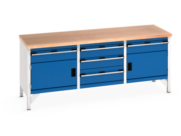 Bott Workbench with Storage - Cubio Storage Bench (Mpx) 1 Drwr-Door / 3 Drw Cab / 1 Drwr-Door. WxDxH: 2000X750X840mm Ral 7035/5010 _SKU-41002064.11V