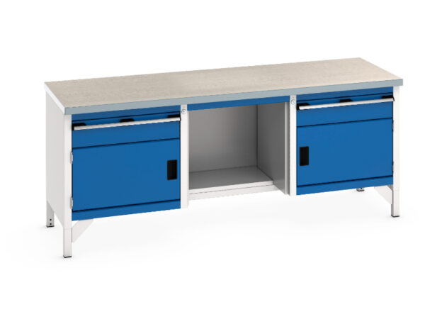 Long Heavy Duty Workbench - Cubio Storage Bench (Lino) 1 Drwr-Door / 1/2 Shelf / 1 Drwr-Door. WxDxH: 2000X750X840mm Ral 7035/5010 _SKU-41002069.11V
