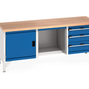 2M Workbench with Shelf - Cubio Storage Bench (Mpx) Full Cupboard Storage / 1/2 Base Shelf / 3 Drw. WxDxH: 2000X750X840mm Ral 7035/5010 _SKU-41002070.11V