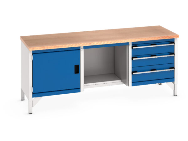 2M Workbench with Shelf - Cubio Storage Bench (Mpx) Full Cupboard Storage / 1/2 Base Shelf / 3 Drw. WxDxH: 2000X750X840mm Ral 7035/5010 _SKU-41002070.11V
