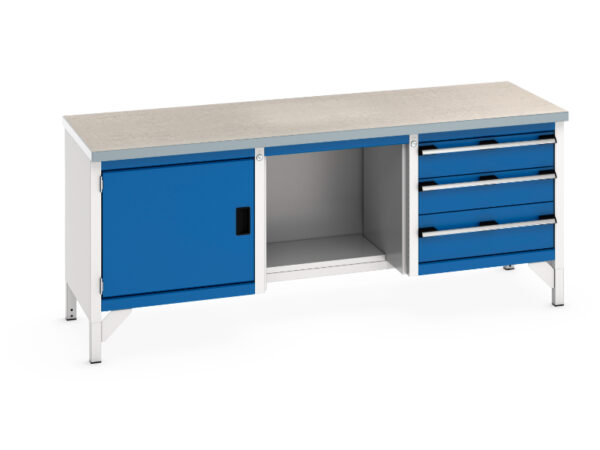2M Metal Workbench with Storage Cupboard Storage - Cubio Storage Bench (Lino) Full Cupboard Storage / 1/2 Base Shelf / 3 Drw. WxDxH: 2000X750X840mm Ral 7035/5010 _SKU-41002072.11V