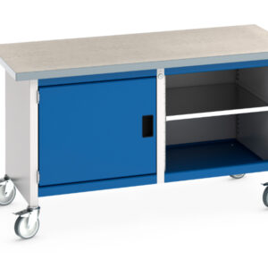 Heavy Duty Workbench On Wheels with Cupboard Storage - Cubio Mobile Storage Bench (Lino) Full Cupboard Storage / Mid Shelf. WxDxH: 1500X750X840mm Ral 7035/5010 _SKU-41002096.11V