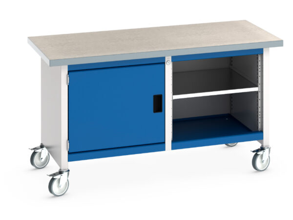 Heavy Duty Workbench On Wheels with Cupboard Storage - Cubio Mobile Storage Bench (Lino) Full Cupboard Storage / Mid Shelf. WxDxH: 1500X750X840mm Ral 7035/5010 _SKU-41002096.11V