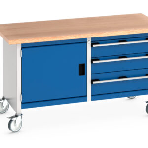 Rolling Stoarge Cupboard Storage Workbench - Cubio Mobile Storage Bench (Mpx) Full Cupboard Storage / 3 Drawers. WxDxH: 1500X750X840mm Ral 7035/5010 _SKU-41002100.11V